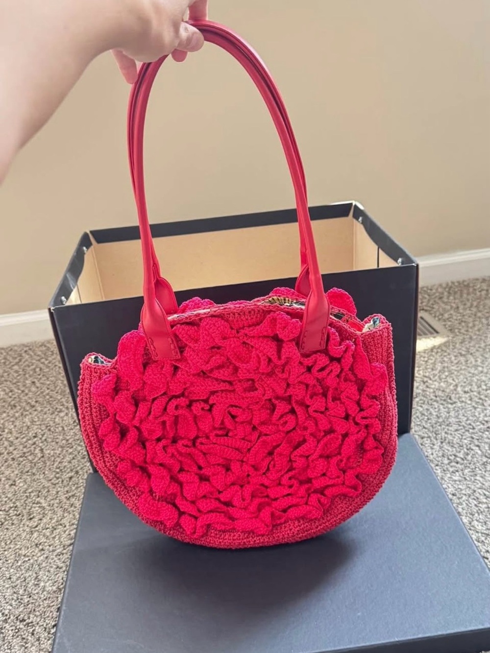 Bold Red Crochet Ruffle Tote Bag with Smooth Handles